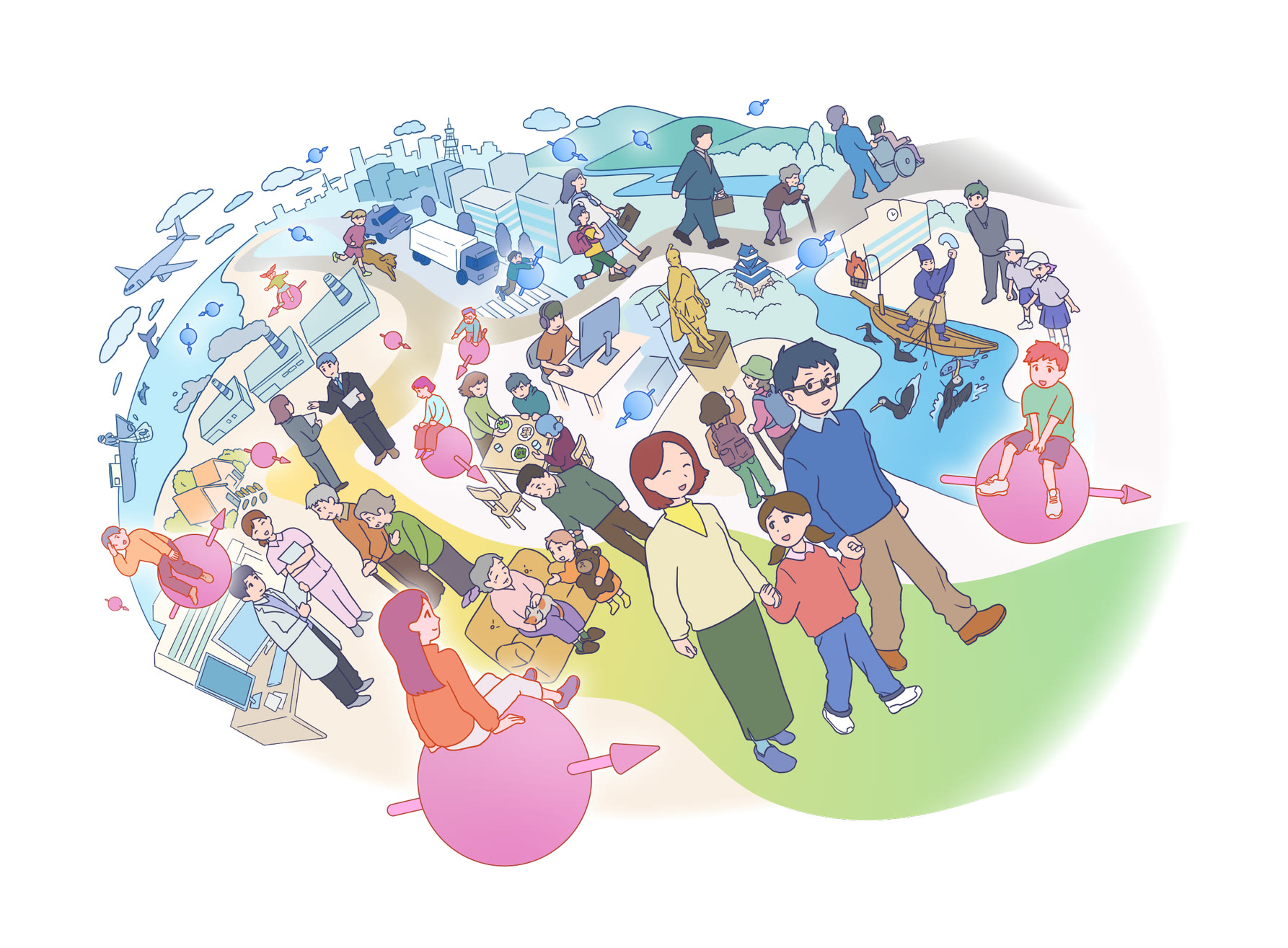 研究室のコンセプトイラスト。地球の弧のように広がる風景の中に、都市、海と漁船、学校、病院、研究室、家族連れ、高齢者、車椅子の人など多様な暮らしが描かれ、その上をピンク〜マゼンタの矢印付きの球（量子スピン）が点在して横切る。球に乗る人や寄り添う人がいて、量子技術が医療や日常を支える基盤として社会に広がる様子を表している。